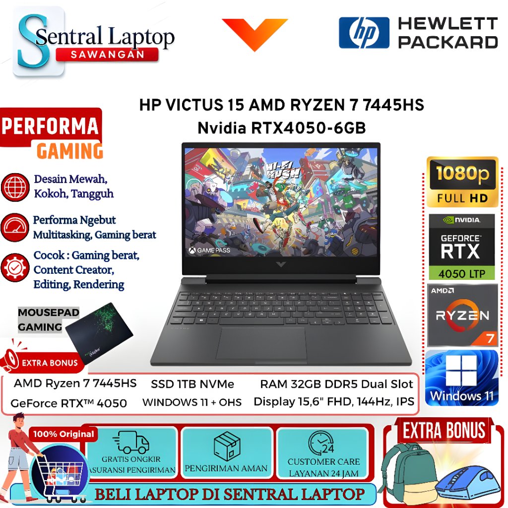 LAPTOP Gaming HP Victus 15 AMD Ryzen 7 7445HS 32GB DDR5 1TB SSD RTX4050 15.6 FULL HD IPS 144hz Win11