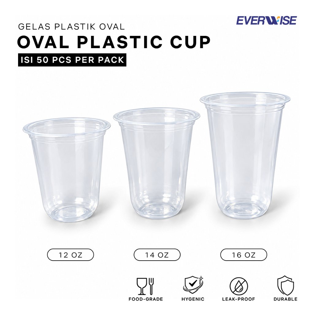 Cup Oval Plastik Hokkaku Polos / Gelas Oval Tebal Polos Isi 50 pcs | 12 oz / 14 oz / 16 oz |