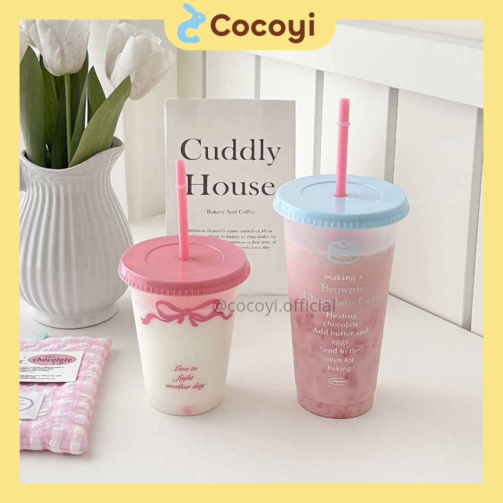 [COCOYI] Cup Plastik Coquette Gelas Ribbon Sedotan dan Tutup Tumbler Tempat Minum Aesthetic Gelas Pl