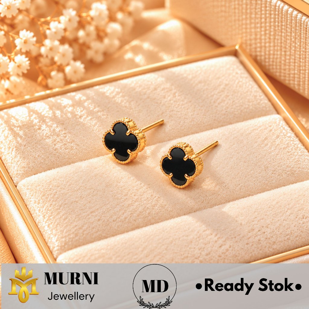 Anting Giwang Clover Hitam Emas Muda Asli, Free Karet Giwang - Toko Emas Murni