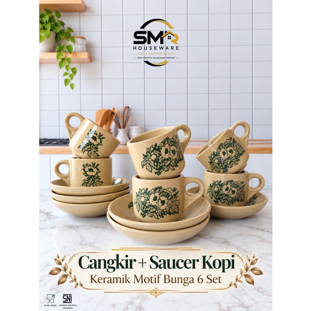 CANGKIR KOPI KERAMIK MOTIF BUNGA 6 PCS + SAUCER | GELAS KERAMIK JADUL UNIK