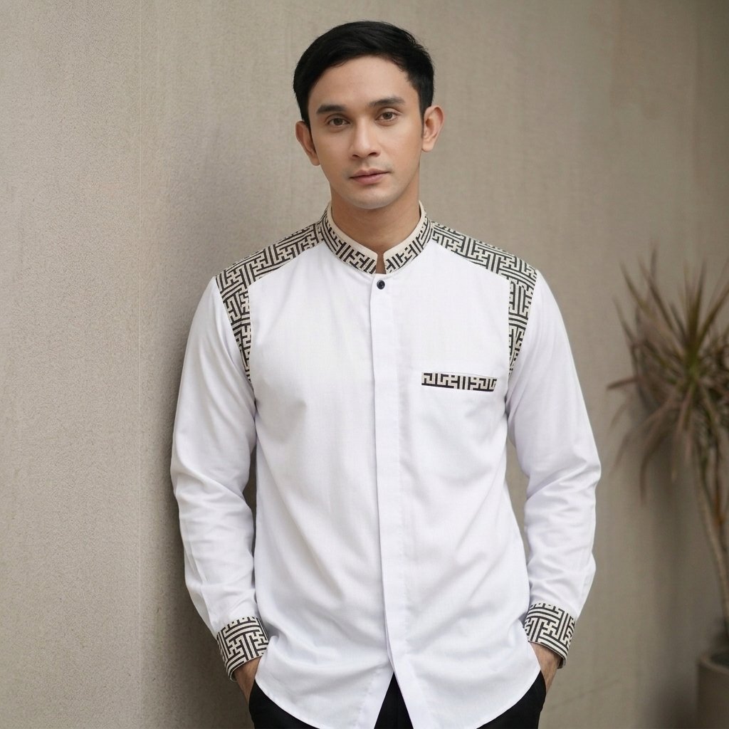 Baju Koko Elrumi Warna Putih Lengan Panjang Kombinasi Batik Motif Araseo