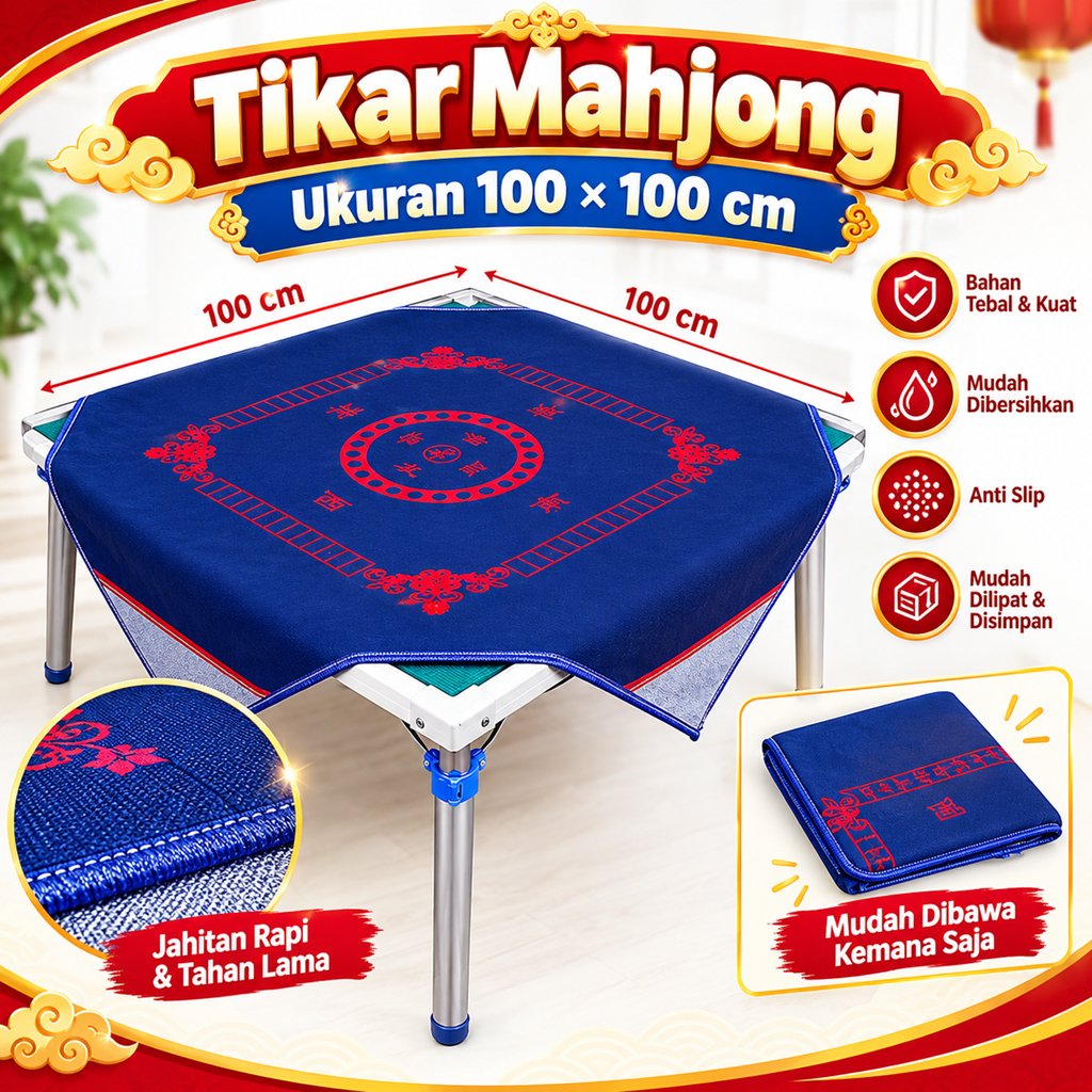 Tikar Meja Mahjong 100x100cm Anti Slip Bahan Lembut, Motif Arah Mata Angin, Jahitan Rapi Tahan Lama,