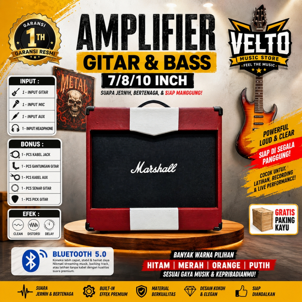 ampli gitar & bass 10/8/7 inch bluetooth 5.0 3 Input marshall ada efek distorsi & delay merah