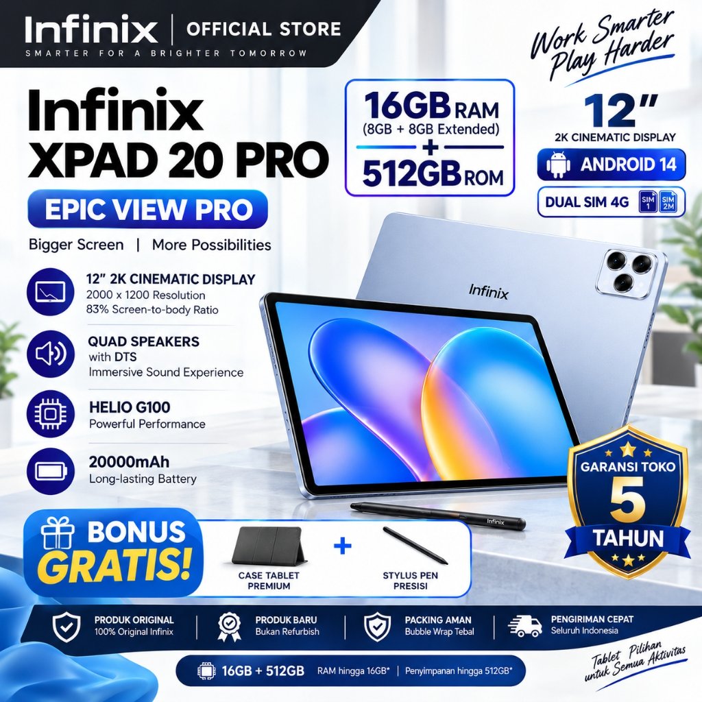Infinix XPad 20 Pro 12" 16GB RAM + 512GB ROM , Super Cepat & Smooth , Layar Besar