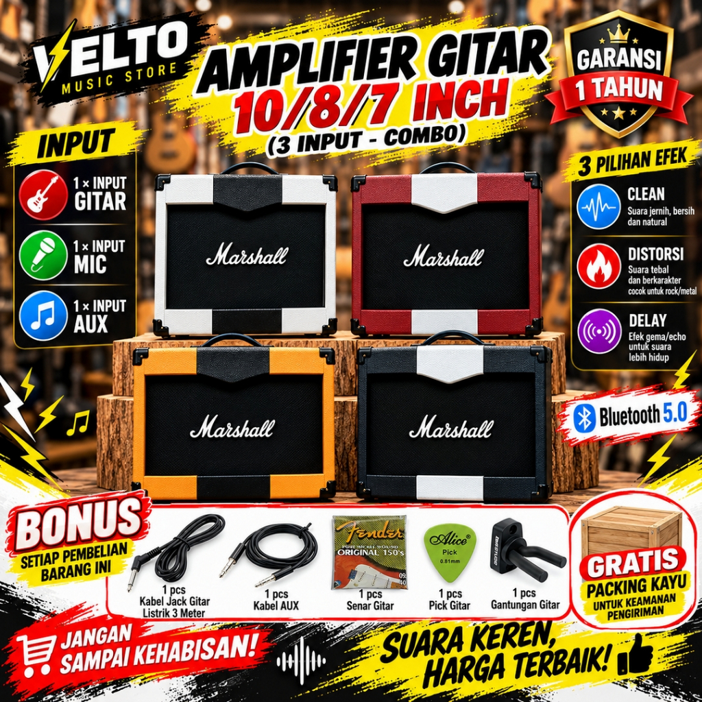 ampli gitar & bass 10/8/7 inch bluetooth 5.0 3 Input marshall ada efek distorsi & delay hitam