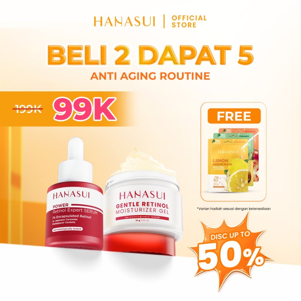 [BELI 2 DAPAT 5] HANASUI Paket Day & Night Anti Kerutan & Glowing - Isi Brightening Serum Retinol Se