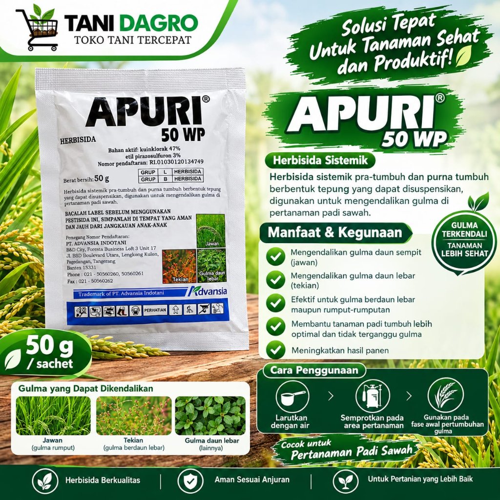 Herbisida padi Sistemik APURI 50 WP @50 gr - Untuk Rumput Jawan, teki tekian dengkulan