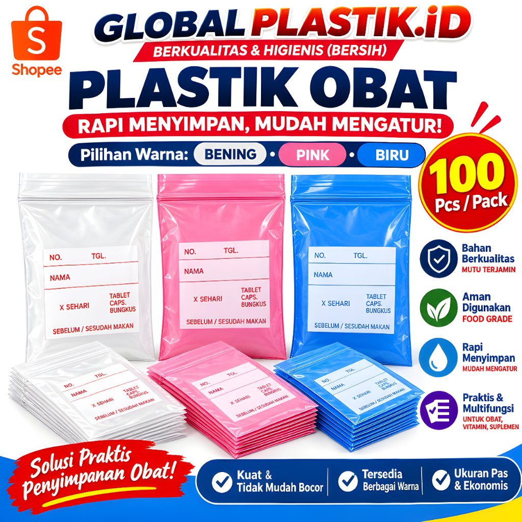 Plastik Klip Obat Apotek Pink-Biru-Bening 100 Pcs - Kantong Obat Ziplock Mini Tebal Kuat Kemasan Pil
