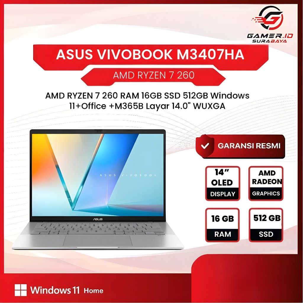 LAPTOP ASUS VIVOBOOK S14 OLED M3407HA RYZEN 7 260 16GB 512GB 14.0WUXGA