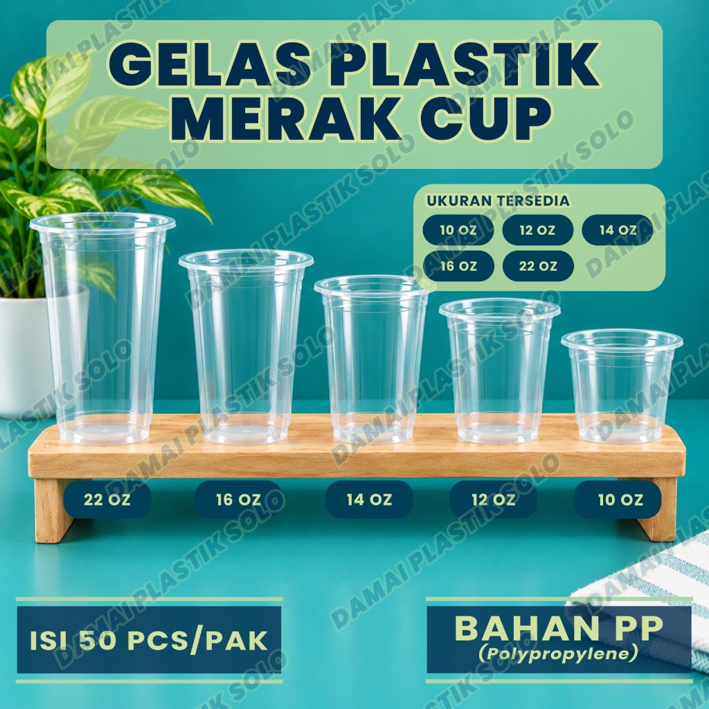 (50 pcs/pak) Gelas Plastik Merak 10oz, 12oz, 14oz, 16oz,  22oz, PP