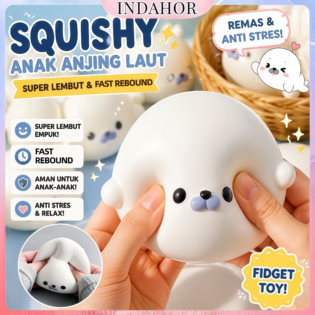 INDAHOR Squishy Anjing Laut Jumbo Fast Rising Lembut Empuk Mainan Remas Anti Stress Fidget Toy Hewan