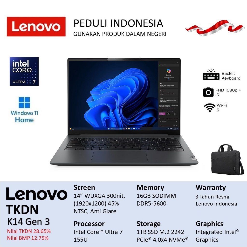 Lenovo TKDN K14 Gen 3 Ultra 7 155U 16GB DDR5 1TB Win11Home 14" Include Asuransi