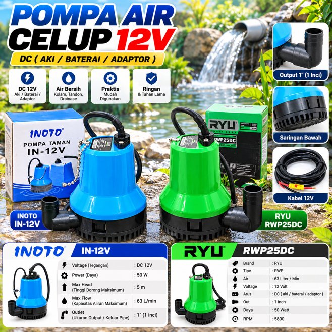 Pompa Air Celup 12V RYU INOTO RWP25DC IN-12V / Pompa Celub Kolam Celup RWP 25DC Water Pump12Volt Kol