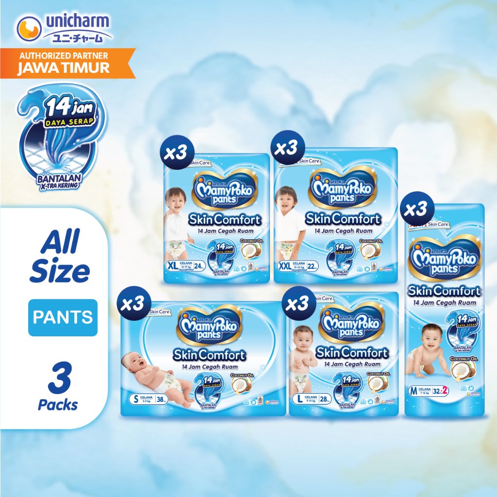 MamyPoko Pants Skin Comfort - Popok Celana - All Size (S-XXL) 3 Packs / 1 Karton - Super Jumbo New P