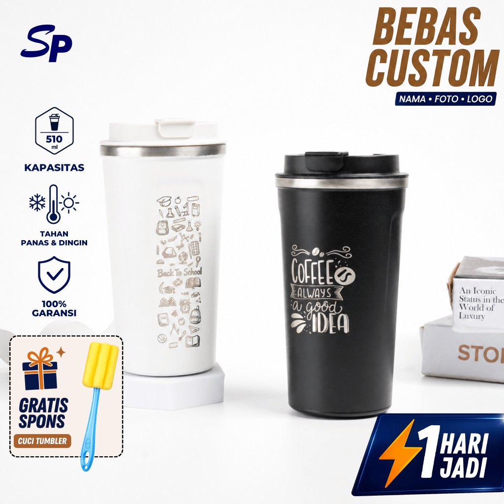 Tumbler Custom Mug Travel 510ML Coffee Cup Stainless Double Wall Grafir Nama/ Logo/ Tulisan