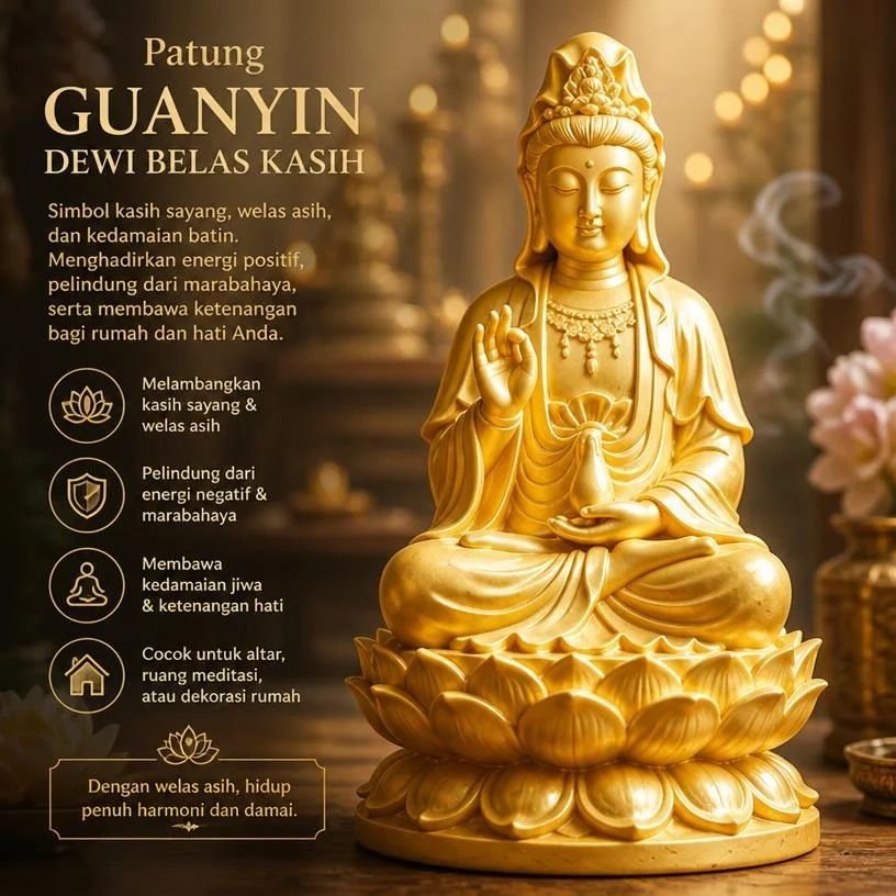 Patung Guanyin Dewi Belas Kasih Warna Emas Dekorasi Altar Meditasi Rumah - Patung Budha - Hiasan Rum