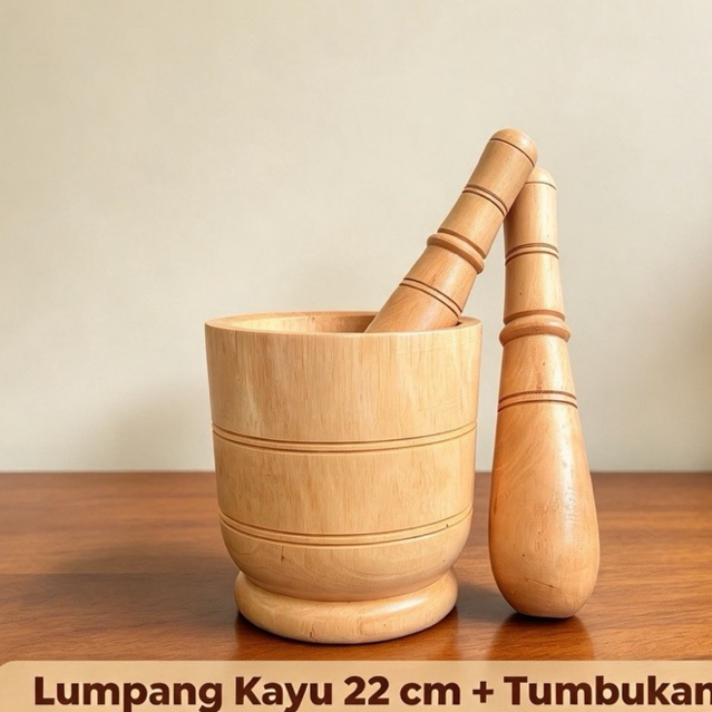 lesung atau lumpang kayu besar bentuk ulir atau polos natural atau coklat sesuai stok dm 21/22 tingg