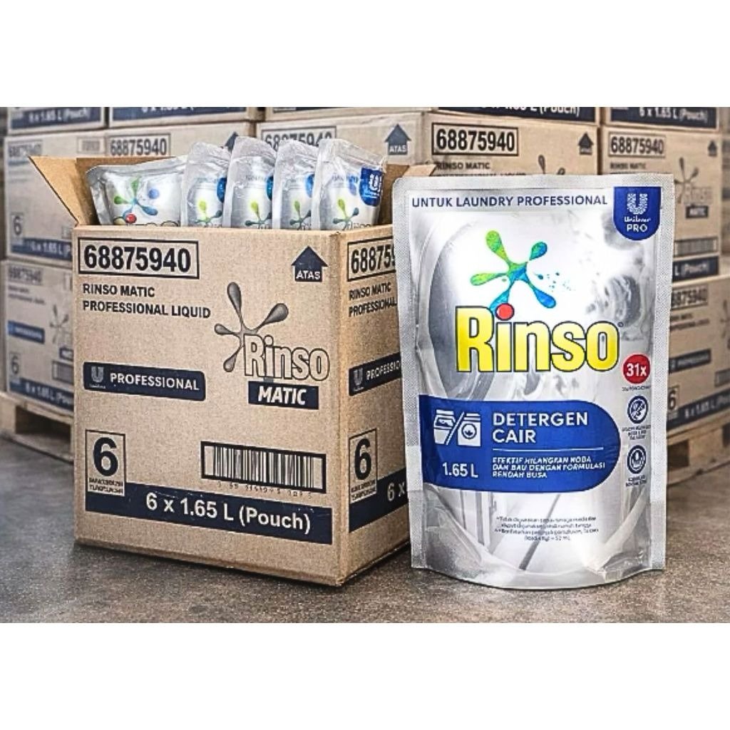 Deterjen Cair Rinso Matic 1,65 Liter Carton Isi 6 Pouch