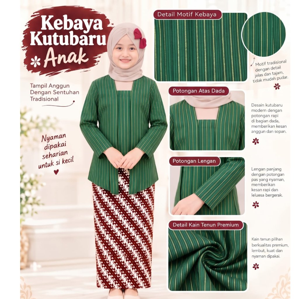 Baju Tradisional Kebaya Lurik Kutubaru Anak Perempuan Warna Hijau I Baju Kartini Kebaya Lurik Kutuba