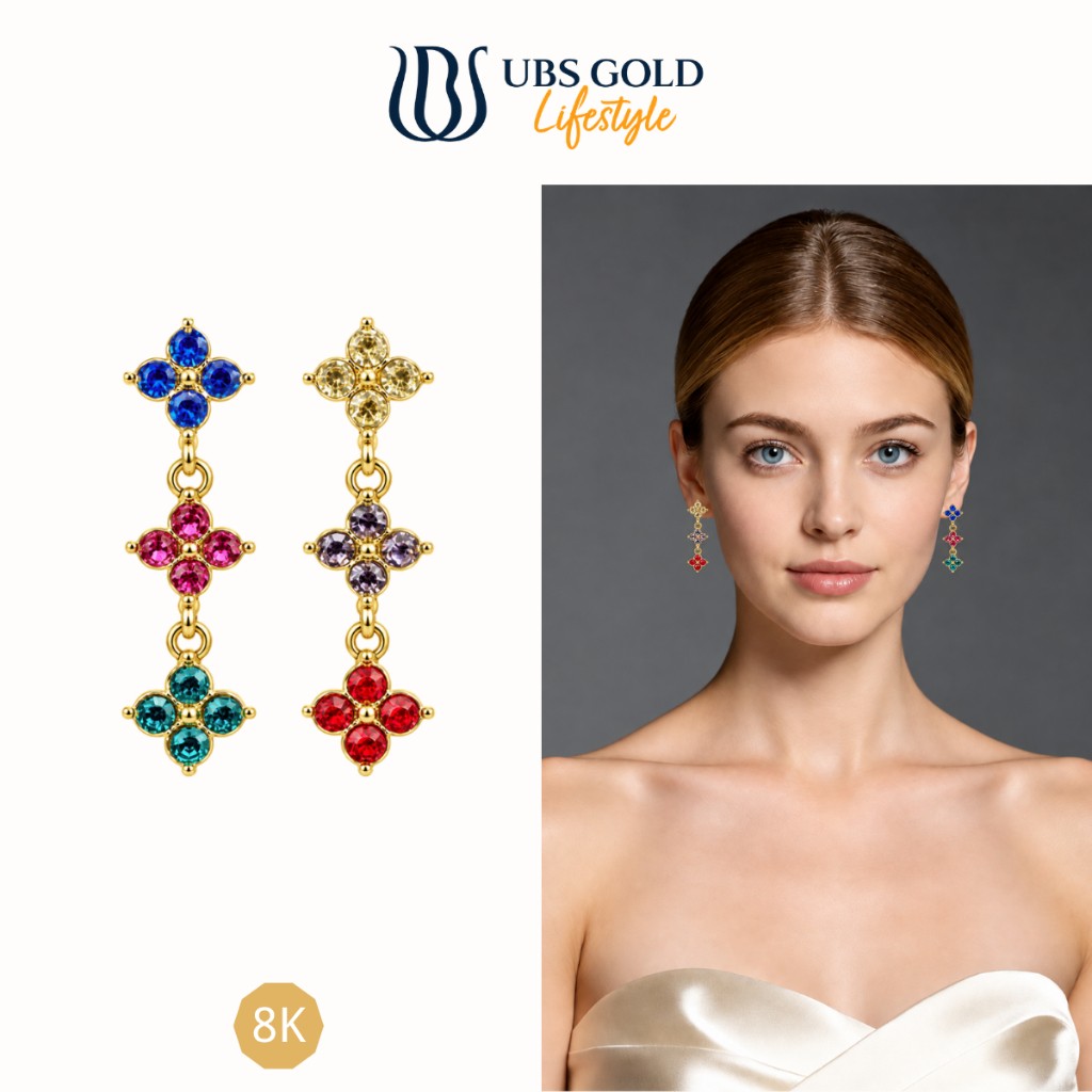 UBS GOLD Anting Panjang Wanita Motif Semanggi Empat Daun dengan Batu Warna-warni Berkilau Aksesoris 