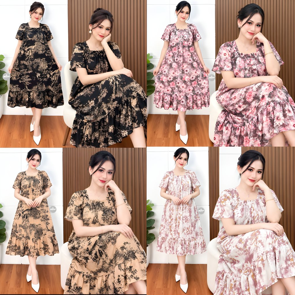 Korean Aesthetic Motif Midi Dress (Daster Kerut Korea Premium)