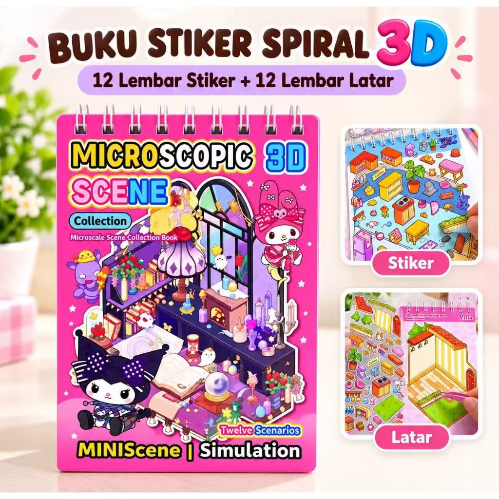 Buku Stiker 3D Anak 12 Lembar Stiker + 12 Lembar Latar, Miniature Scene Collection Book 12 Tema
