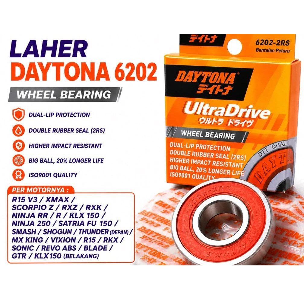 Laher Roda Depan Belakang Daytona UltraDrive 6202 2RS Kode 4300 Ninja R RR KLX 150 Vixion R15 Asli O