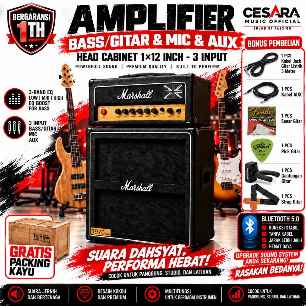 Ampli Bass & Gitar 12 Inch Bluetooth bisa untuk karaoke 3 Input Marshall Head Cabinet bergaransi