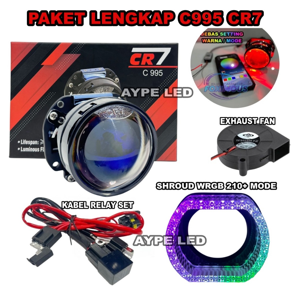 Biled Projector 2.5 inch CR7 Bluelens C995 60 Watt Kipas Pendingin Paket Complit