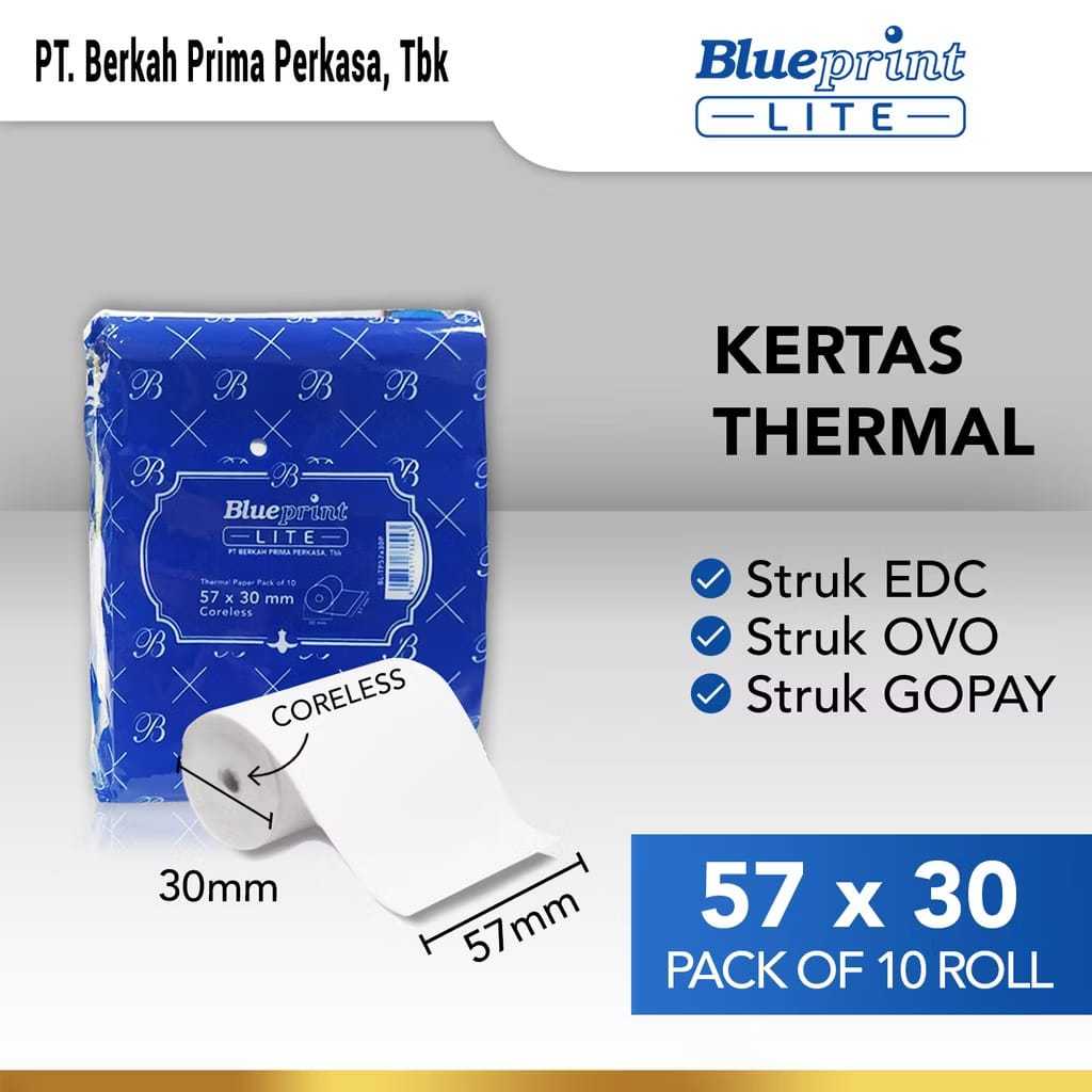

57X30 (1 PACK) KERTAS KASIR STRUK KERTAS THERMAL TERMAL EDC BRI PPOB BLUEPRINT LITE 57MM 57x30 CORELESS