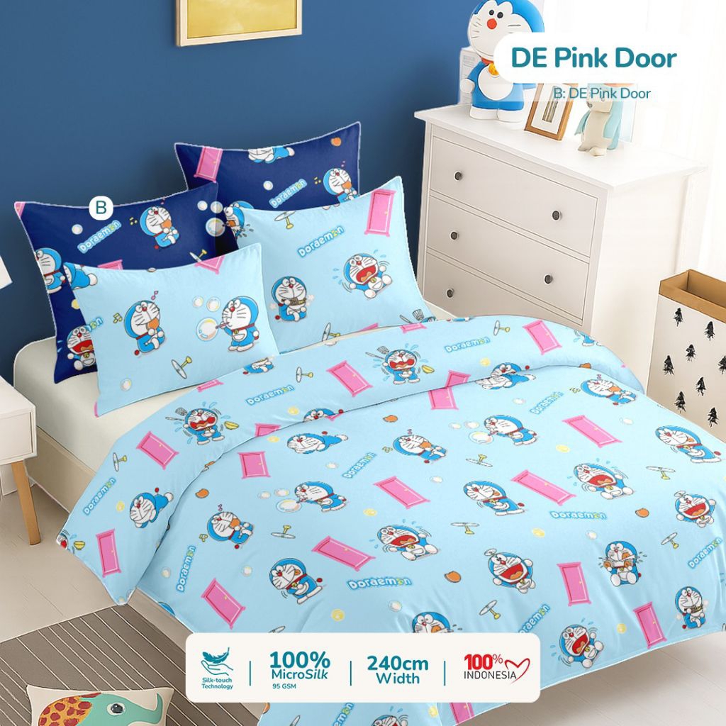 Sprei doraemon pink door ukuran lengkap tinggi 20cm sampai 40cm sprei set murah sprei 90x200 sprei 1
