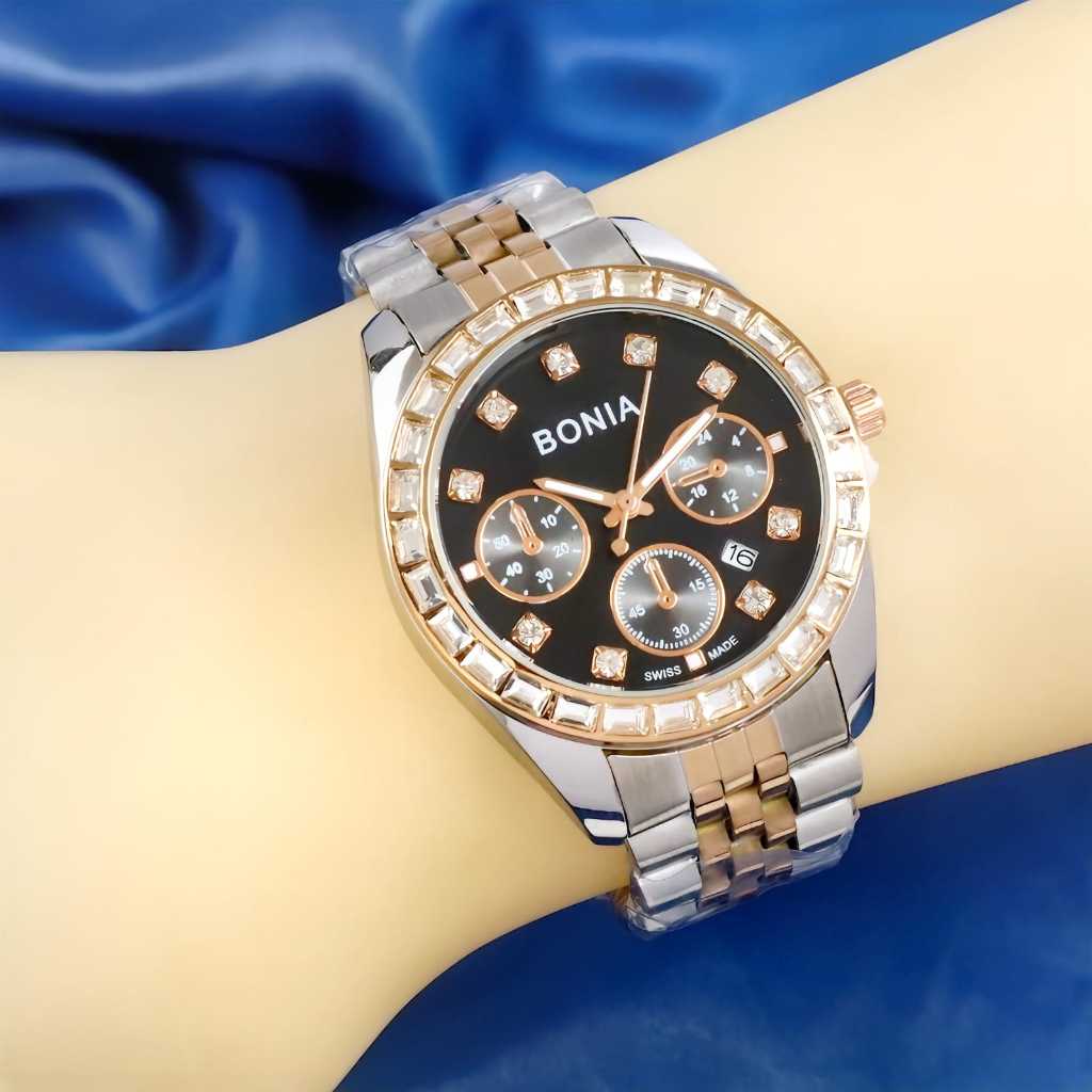 Jam Tangan BONIA Wanita Diamond Rantai Stainless 36 mm Chrono Tanggal Aktif Include BOX Original dan