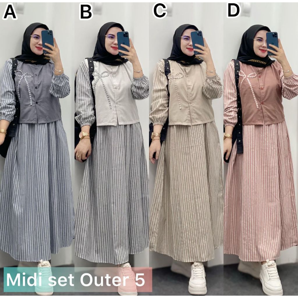 Midi Set Outer Katun Garis Cantik Baju Gamis Wanita Muslim Fashion Perempuan Dewasa Remaja Cewek Put
