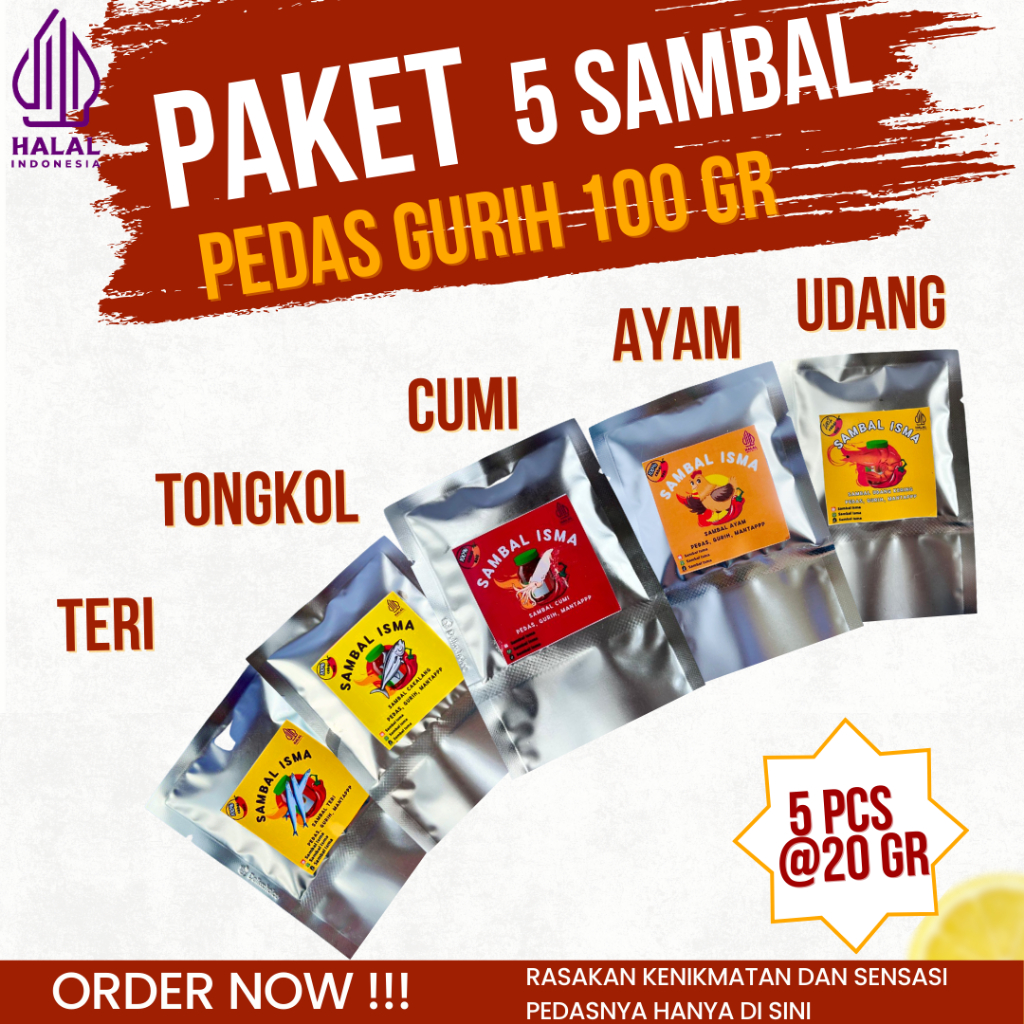 

Paket 5 Sachet Sambal Cumi Ayam Tongkol Udang Teri 100 Gr