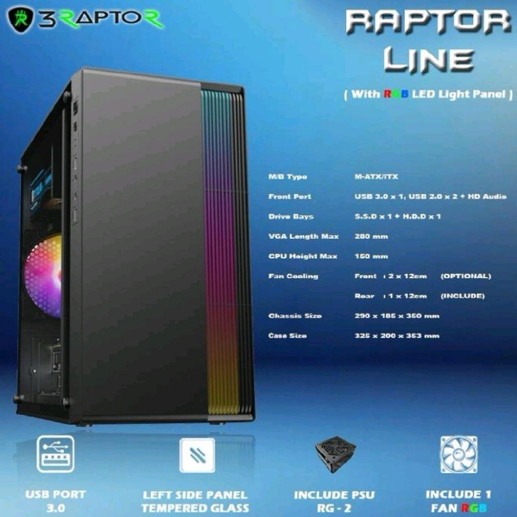 CASING PC RAPTOR LINE + PSU RG-2 Free 1 Fan RGB