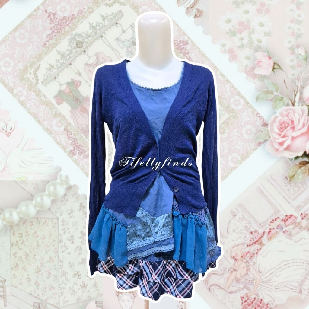 dark blue navy y2k set with cardigan uniqlo patchwork dress coquette mesh chic grunge y2k emo milkma