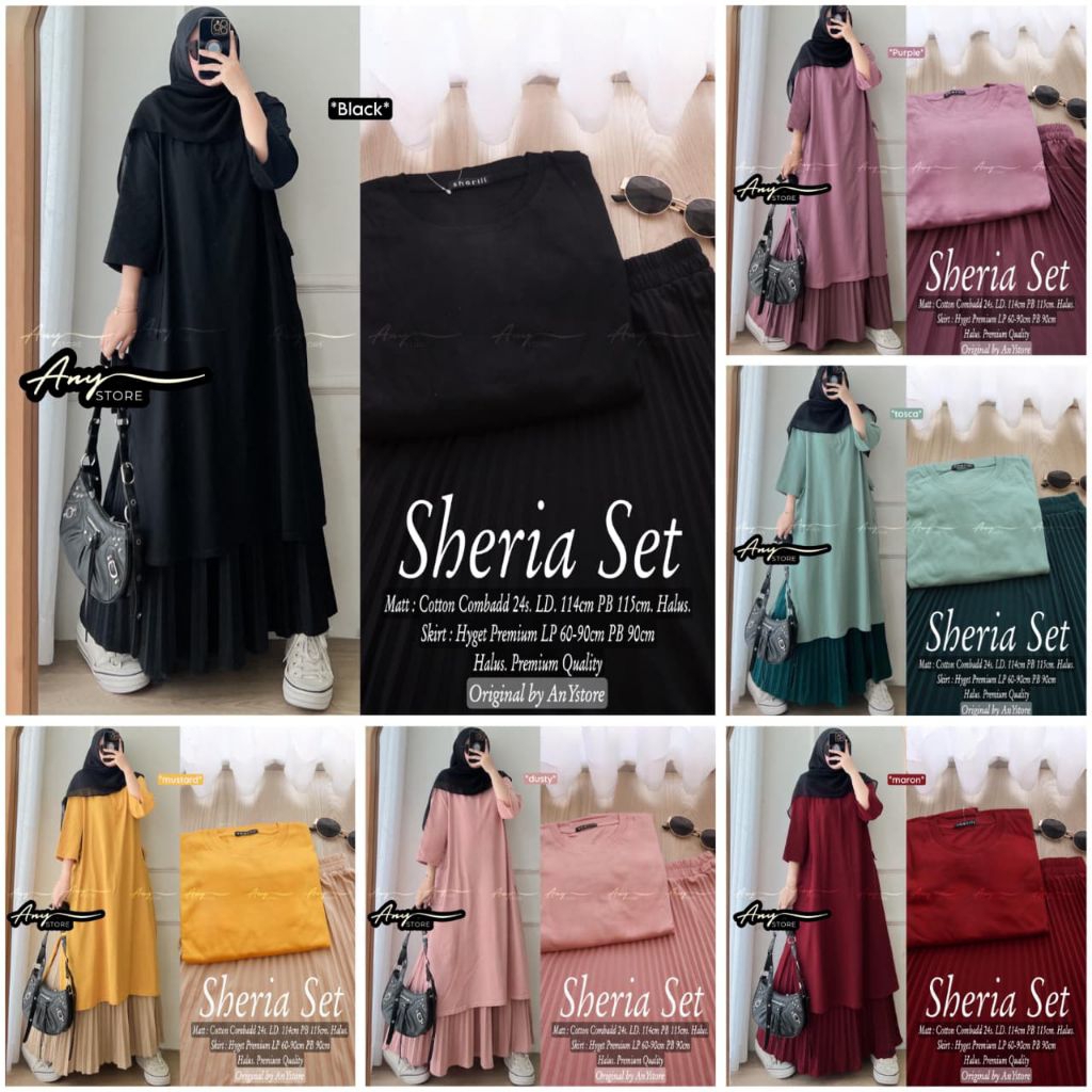 Sheria Set Rok Plisket Ori By Any A.n.Y // Baju Tunik Kaos Combad Polos Setelan Rok Plisket Ld 114