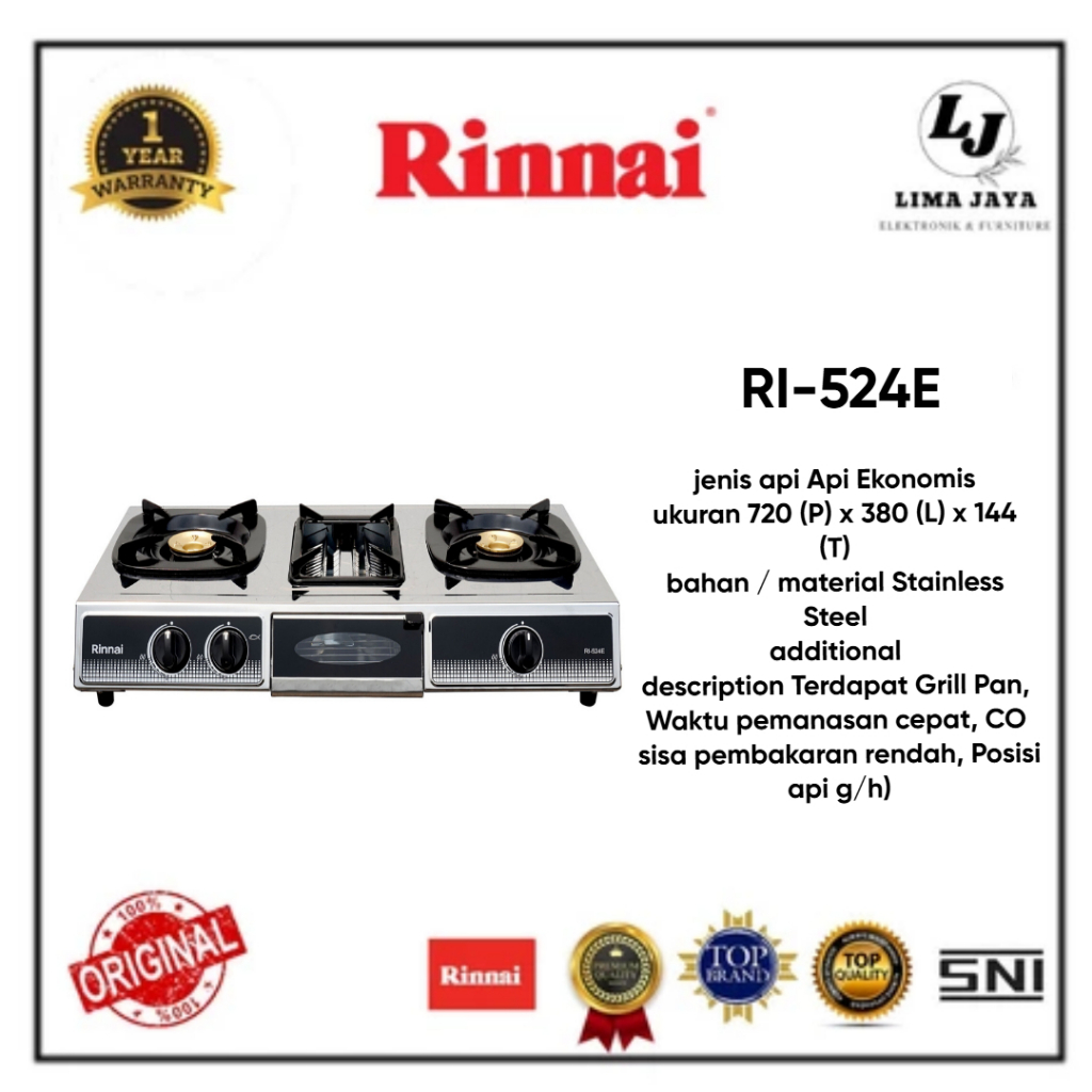 KOMPOR GAS RINNAI 2 TUNGKU RI-524E GRILLER MINI OVEN ANTI BADAI BERKWALITAS PROMO PLUS GARANSI