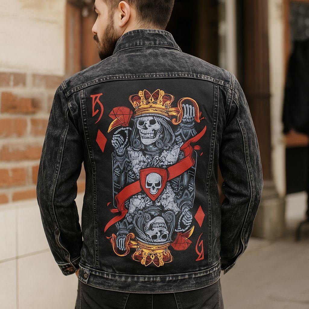 Jaket Jeans Full Print Tengkorak Mahkota King Rock Punk Style