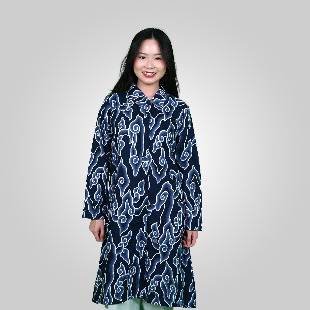 BATIK TRUSMI Atasan Wanita Tunik Panjang Batik Motif Mega Mendung Aila Warna Biru WT
