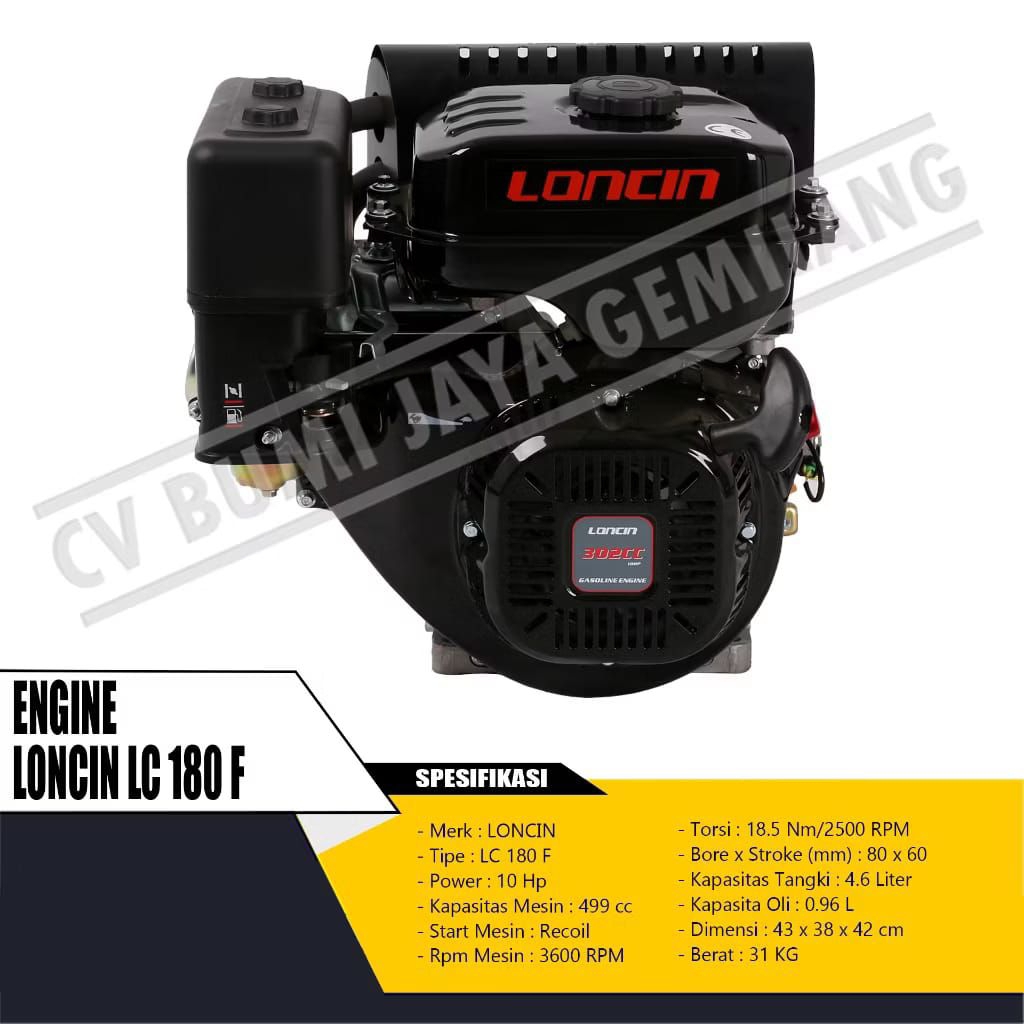 MESIN PENGGERAK BENSIN SERBA GUNA LONCIN 10HP LC180 F / gasoline engine loncin 10hp lc180f