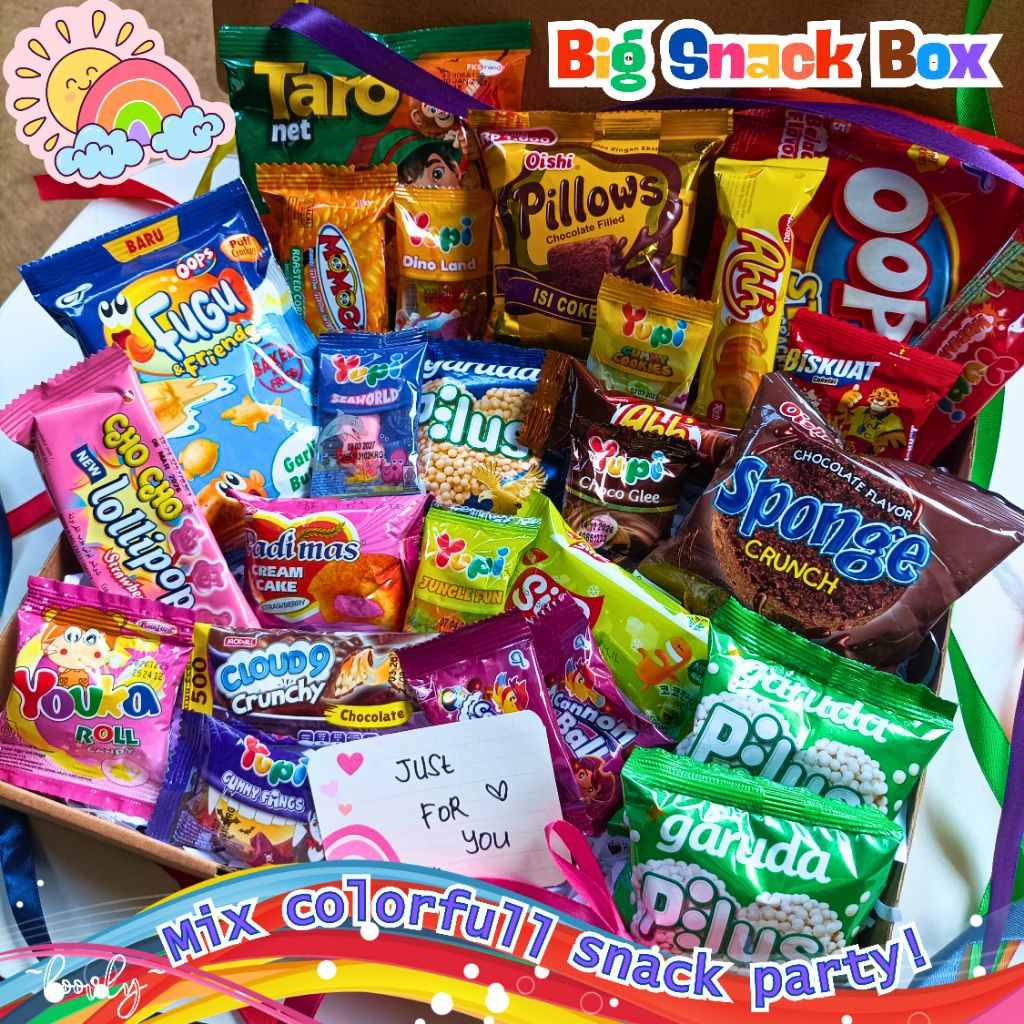 

FREE KARTU UCAPAN Big Snack Box Party Mix Colorfull / Paket Bingkisan Mini Snack Ulang Tahun / Freebies Snack / Mini Hampers Snack / Souvenir Wisuda Snack / Hadiah Reward Snack / Mini Goodie Bag / Gift Card Kartu Ucapan Custom Hemat Termurah Loovly
