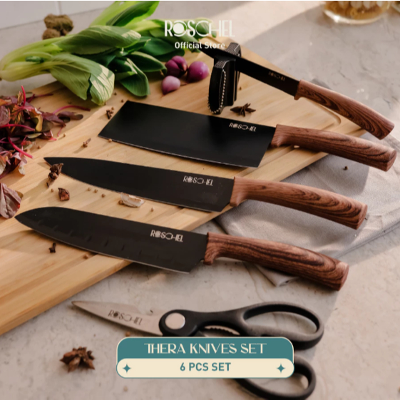Roschel Thera 6 Pcs Knives Set Stainless Steel with Non-Stick Coating Pisau Dapur Knife Set 6 in 1