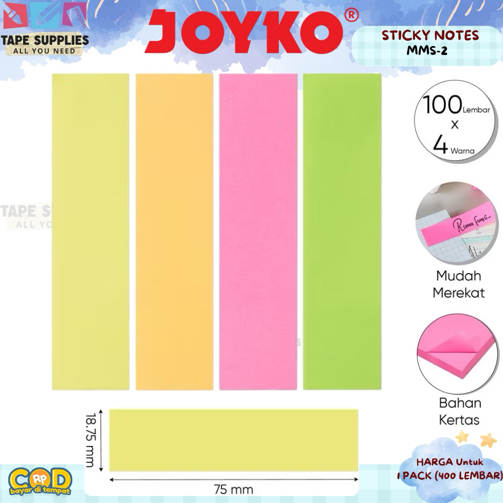 

(400 LEMBAR) Sticky Notes Joyko MMS-2 / Memo Tempel Warna 75x18mm