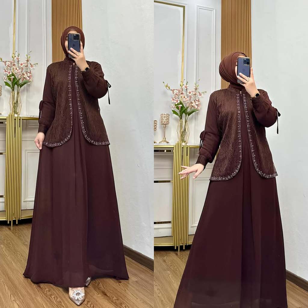 Baju Gamis Kondangan Mahogany Dress Wanita Brukat Muslim Kekinian Delova
