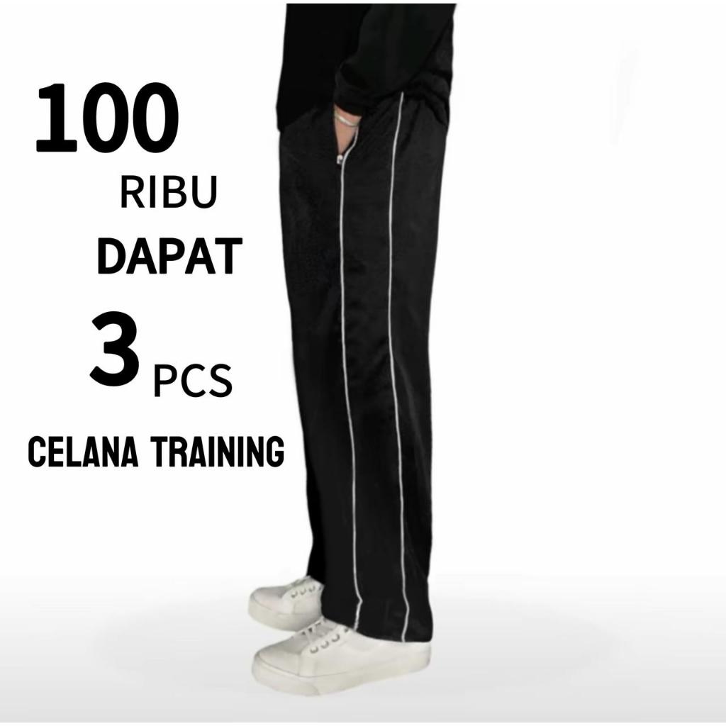 [PAKET HEMAT] 3 PCS 100 RIBU Celana Training Hitam Panjang Olahraga Garis List Putih Saku Resleting 