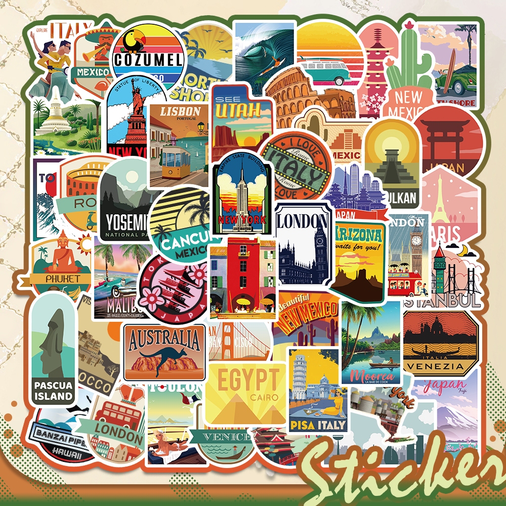

50PCS Fashion Waterproo Stikers DIY Cartoon popular City Travel Landscape pattern Suitable for Helmets/Suitcases/Laptop/HP/Mobile phone shell/motorcycle/refrigerator/skateboard
