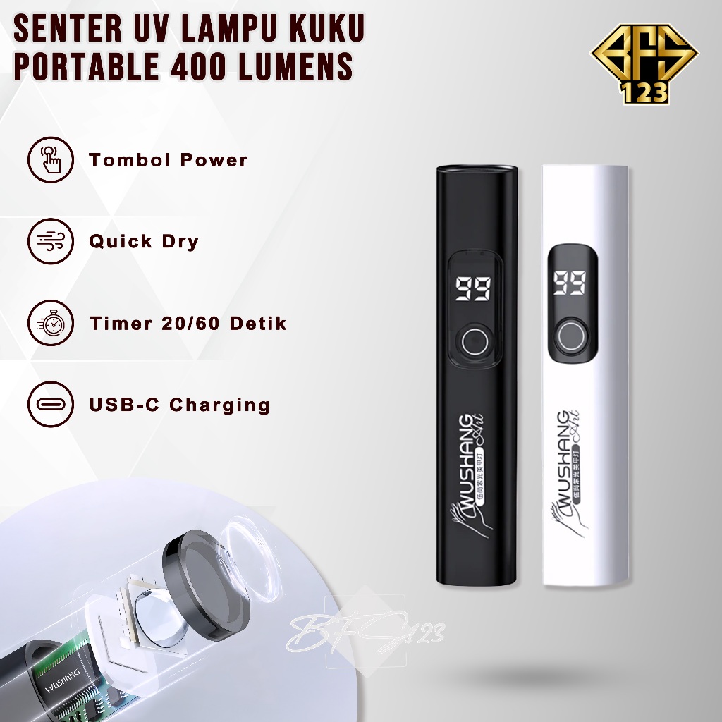 Senter UV Lampu Kuku Portable 400 Lumens Wushang UV Nail Lamp Rechargeable Type C