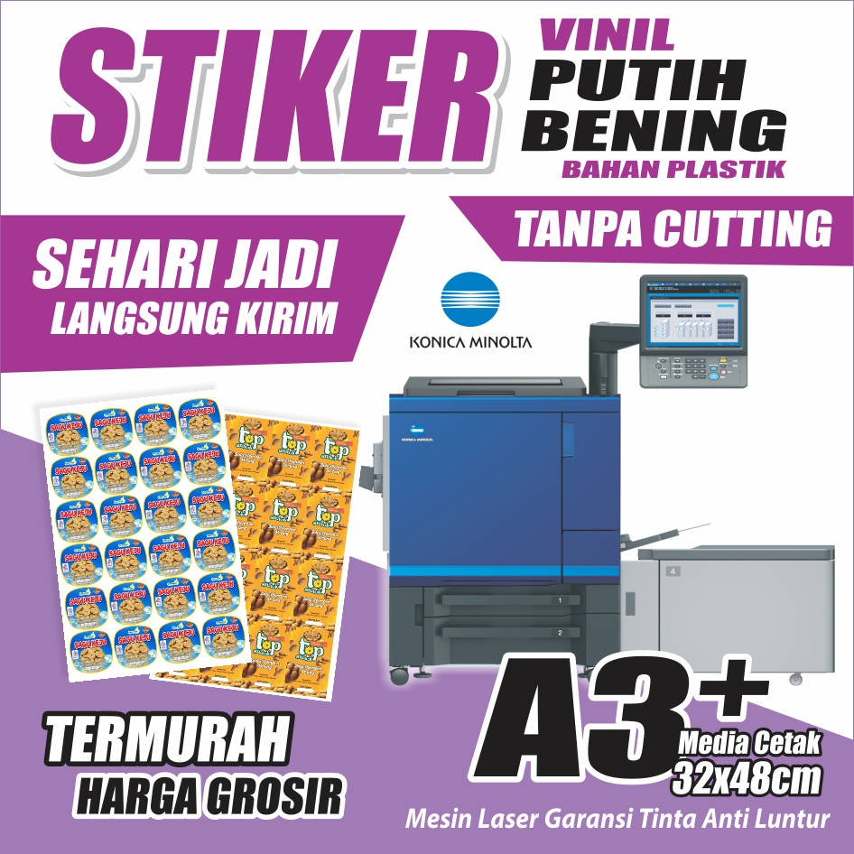

Stiker Vinil Putih Susu/Transparan Bening (TANPA CUTING) anti air, Label Kemasan Makanan Minuman A3+